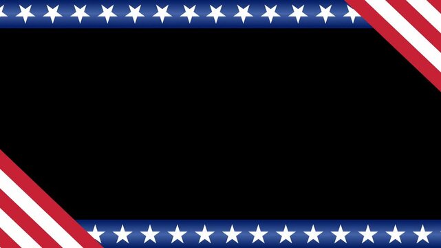 Animated of American frame featuring stars and stripes border with red, white and blue ribbons and a large center for copy. Ideal for Independence Day, elections, military events, invitations.