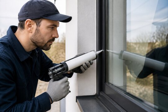 Worker applying sealant to window frame during exterior repair