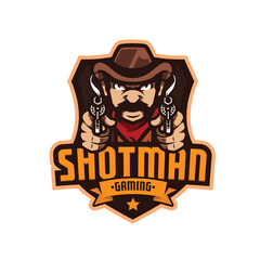Fototapeta premium Cowboy Gunslinger Mascot Logo with Dual Revolvers – Western Esports Gaming Vector Emblem