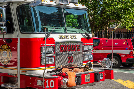 JERSEY CITY, NJ - JUNE 11, 2026: Firefighters with the Jersey City Fire Department respond to a daytime call along Christopher Columbus Drive in downtown Jersey City.