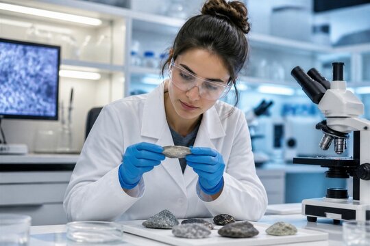 Female scientist inspecting rock sample at laboratory workstation