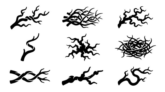 Collection of black twisted branch silhouettes.