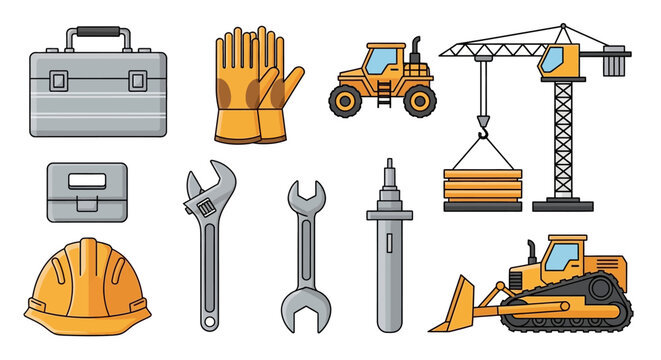 Construction tools and equipment set.