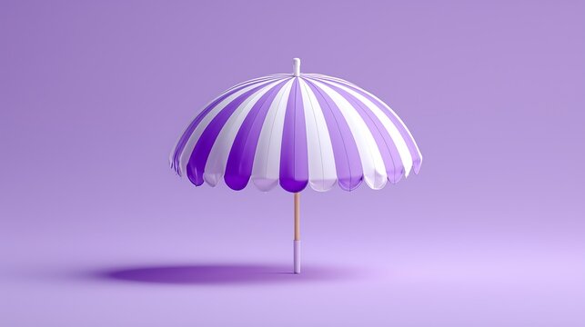 Simple 3D tropical umbrella icon with purple and white striped beach parasol, glossy minimal design, summer vacation theme on soft lavender background.
