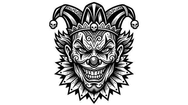 Scary Evil Clown Face, Jester Hat, Horror, Halloween, Tattoo Design, Black and White