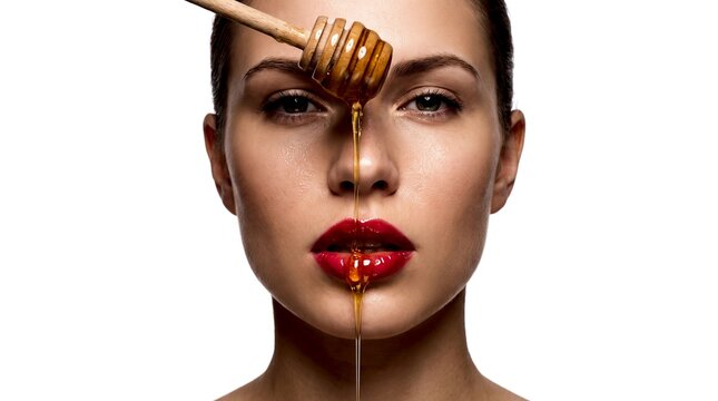 Luxurious beauty portrait: honey dripping from a wooden spoon onto a woman's face, showcasing natural skincare and wellness