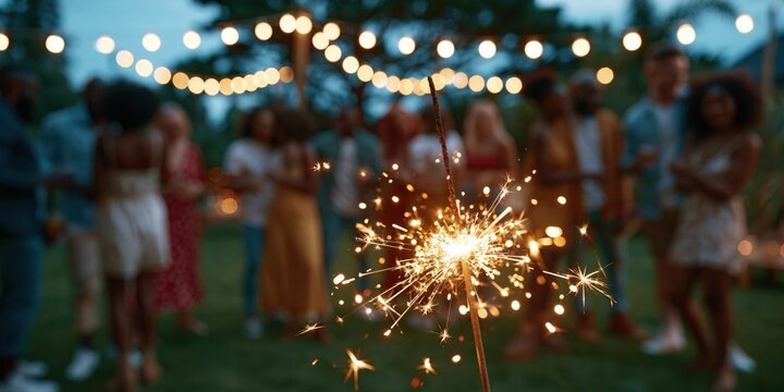 A brightly lit sparkler in the foreground, casting a warm glow, with a festive backyard party in the background. 4th july, memorial. independence