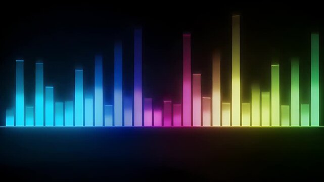 Vibrant colorful glowing sound wave bars display musical frequencies in a digital visual equalizer representing electronic audio signal patterns isolated against a dark black background for design