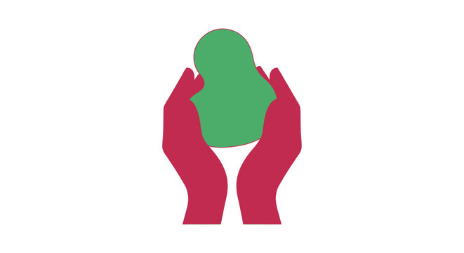 Illustration of two red hands gently cradling a green bean-shaped object on a white background.