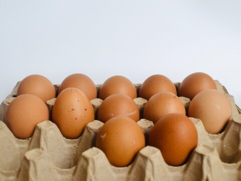 Direct eye level view of a full cardboard carton filled with ten fresh brown chicken eggs on a white background.