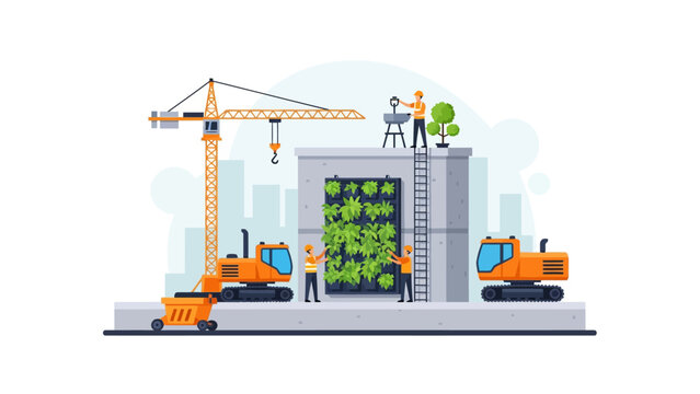 Sustainable Construction Vector Illustration of Workers Installing Vertical Green Wall and Living Garden on Urban Building Site