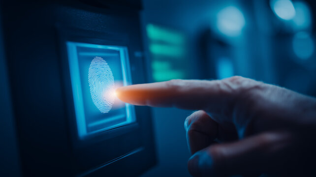 Finger scanning a digital fingerprint reader representing biometric authentication, identity verification and secure access.
