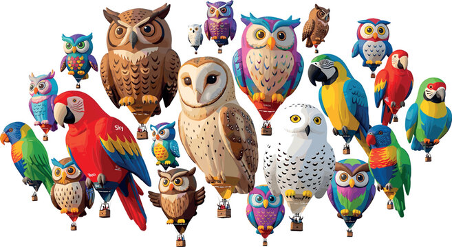 Colorful hot air balloon vector set designed as cute cartoon owls parrots and macaws flying isolated on white background.