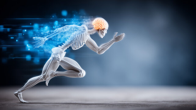 Running human skeleton with visible brain representing neuroscience, athletic performance and body motion analysis.
