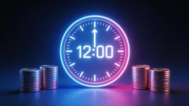 Neon clock with stacks of coins