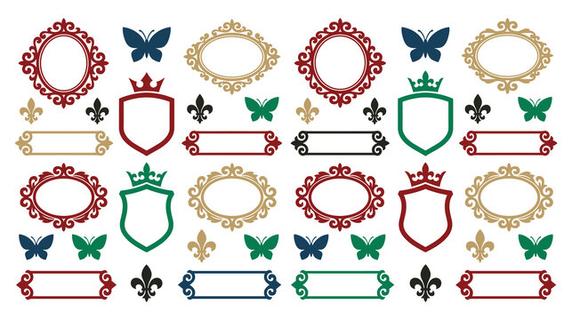 Ornate vintage frames collection with elegant borders shields butterflies and fleur de lis.