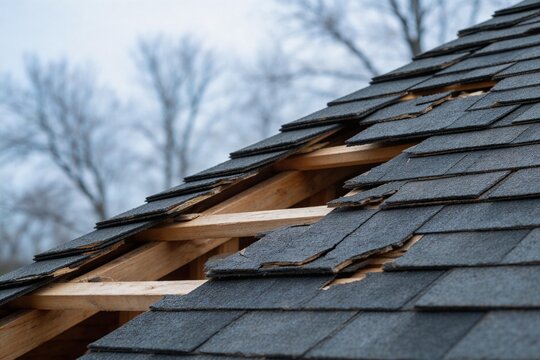 Damaged roof with broken shingles