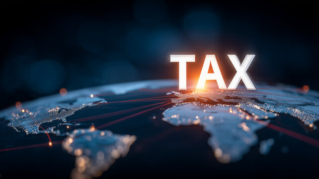 Tax text above a global map, representing international taxation, fiscal regulation, and worldwide financial compliance.
