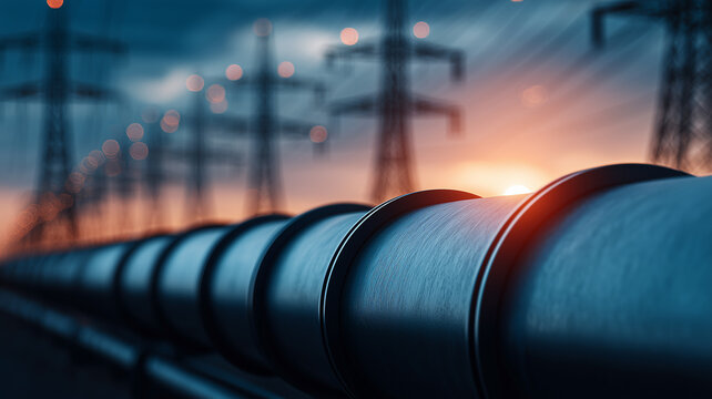 Industrial pipelines beneath electrical transmission towers, representing energy infrastructure, utility distribution, and resource supply networks.
