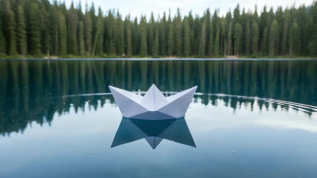 A delicate white paper boat floats gracefully upon the calm surface of a serene blue lake creating soft circular ripples in the water during a quiet day