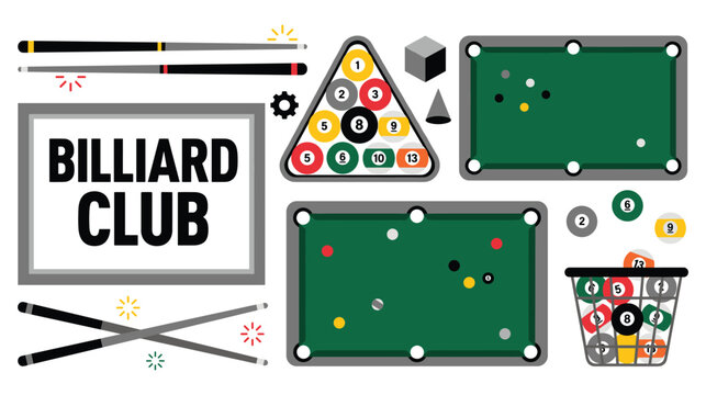 Billiard club game equipment set with pool tables cue sticks balls and triangle rack icon.