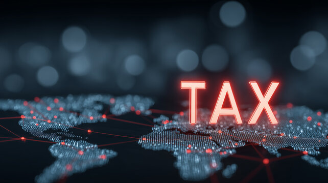 Tax text above a connected world map, representing global taxation, financial regulation, and international compliance management.
