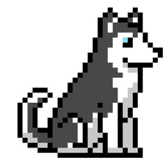 Fototapeta premium Pixel art sitting Siberian Husky dog icon, 8-bit cute puppy vector isolated