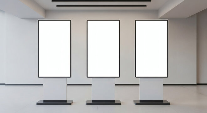 Three blank vertical digital signage kiosks standing in a modern empty office lobby with bright white walls and lighting