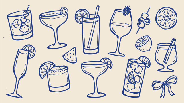 Cocktail Drink Doodle Icon Set Margarita Martini Spritz Mojito Champagne Old Fashioned Sketch Illustration Bundle for Bar Menu Beverage Branding Packaging Design
