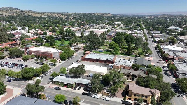 Paso Robles, California, USA - Scenic Drone View of Downtown Surrounded by Rolling Vineyards and Central Coast Wineries