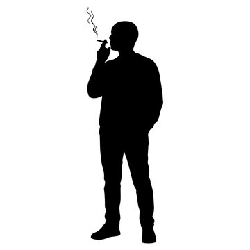 Silhouette of Man Smoking Cigarette in Black and White.