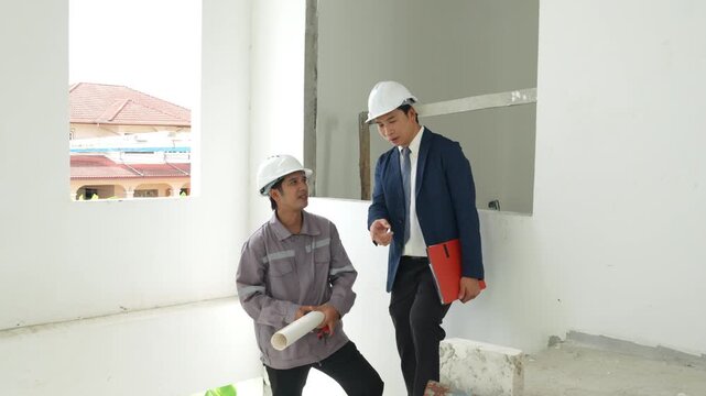 Construction workers inspecting an unfinished building while climbing stairs, promoting safety, teamwork and construction site management.