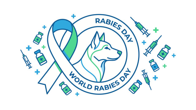 World rabies day awareness emblem, dog profile with medical ribbon and vaccine syringes, veterinary healthcare campaign, flat outline design , vector illustration