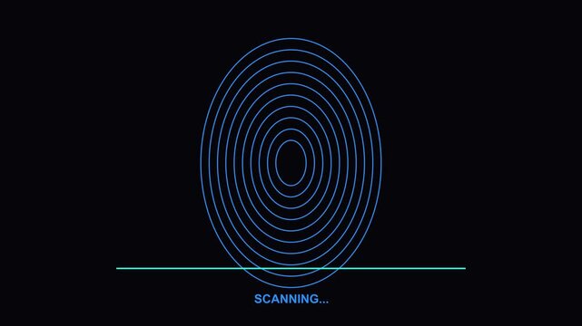 A digital fingerprint scan interface is depicted with concentric rings and a scanning line, indicating biometric authentication and security.