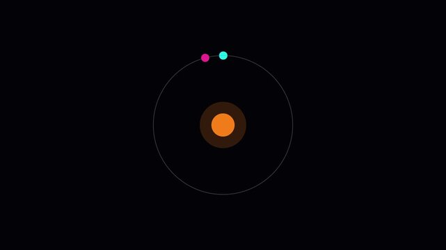 A simplified minimalist representation of a solar system with an orange sun at the center and three small, colored planets orbiting on a dark background.