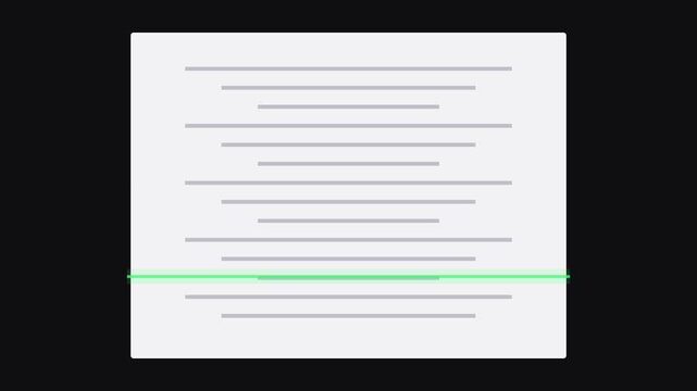 A document or sheet of paper displays horizontal lines of text with a green underline and a red underline at the bottom, indicating editing or proofreading.