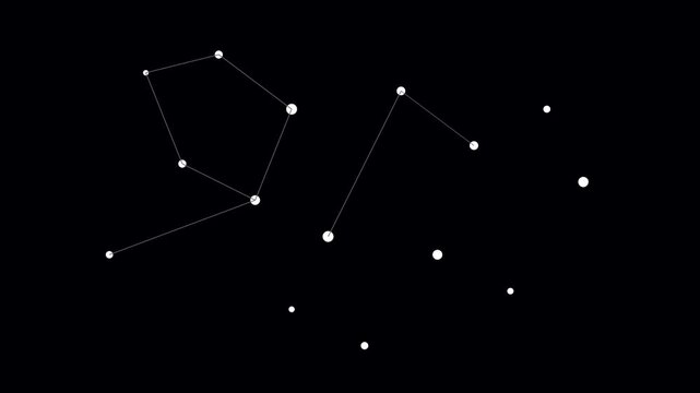 Two distinct constellations, formed by white dots connected by faint lines, are depicted against a deep black background, representing the night sky.