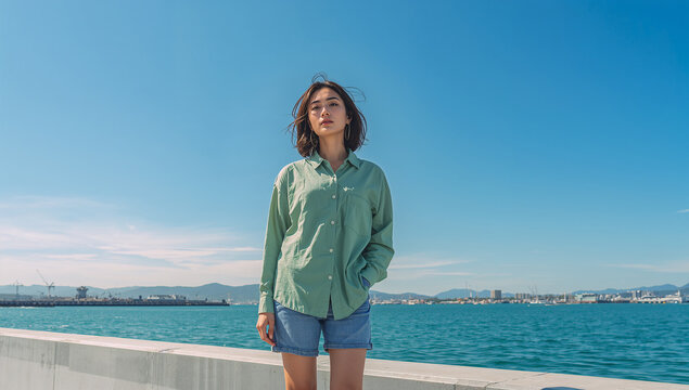 海沿いの堤防に立ち、心地よい潮風を全身に受けて目を細める日本人女性