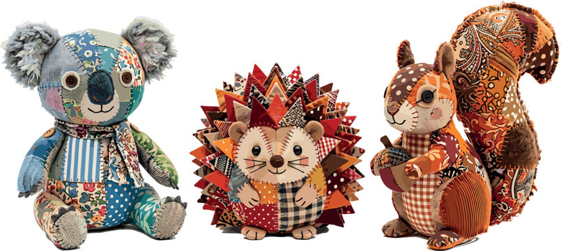 Cute patchwork fabric plush toy vectors featuring handmade quilted koala bear hedgehog and squirrel illustrations