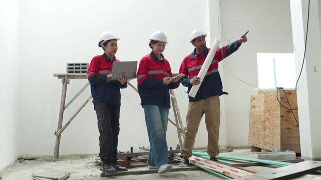 Construction workers reviewingproject plans at an indoor building site, ensuring teamwork, quality inspection and project management.