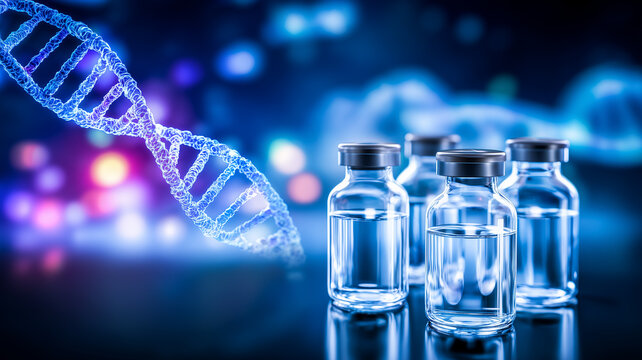 DNA strand beside medical vials representing genetic medicine, biotechnology research and pharmaceutical development.
