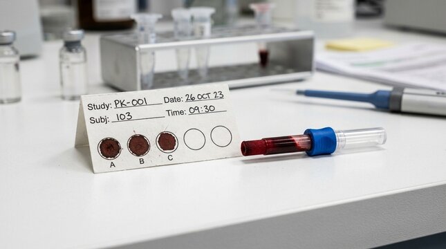 Dried blood spot microsampling card with a volumetric absorptive tip device beside it on a pharmacokinetic research bench.