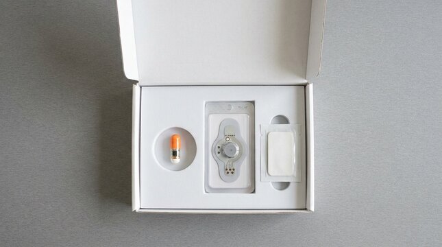 Digital pill with an ingestible sensor and a wearable patch receiver in a medication adherence clinical trial kit.