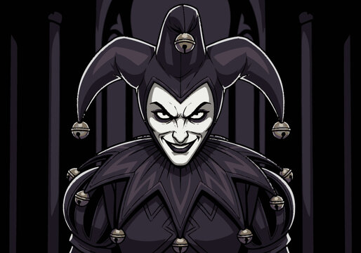 Sinister evil jester character with traditional bells