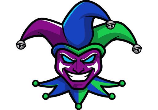 Sinister jester mascot logo in purple and green.
