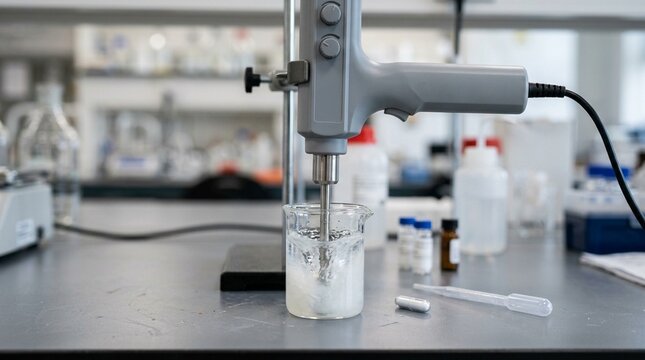 Homogeniser with an interchangeable probe tip immersed in a sample vessel on a formulation research bench.