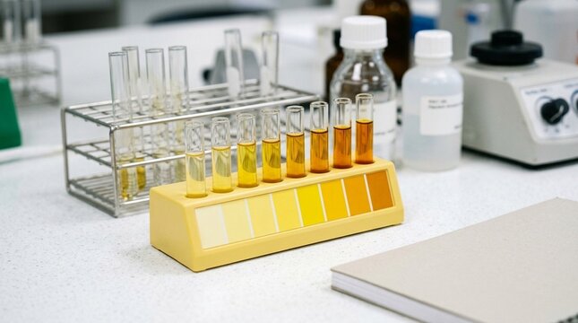 Icterus index visual comparator with graded bilirubin concentrations in serum on a chemistry laboratory bench.