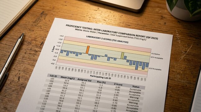 Inter-laboratory comparison report showing z-scores for proficiency testing across participating labs on a QA desk.