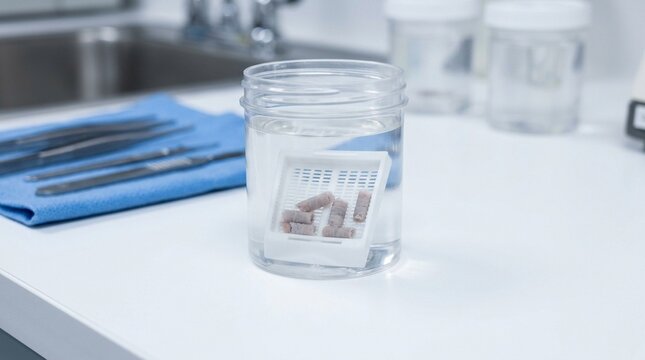Lymph node core biopsy specimen in a tissue cassette submerged in formalin on a surgical pathology grossing bench.