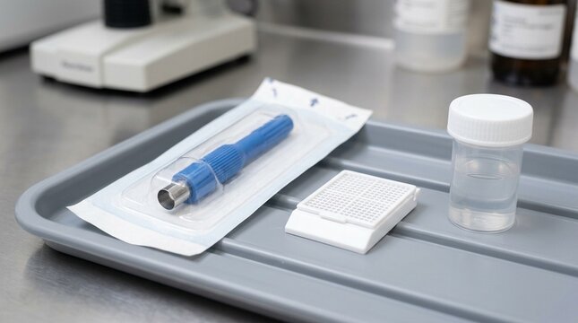Skin biopsy punch in a sealed sterile package beside a tissue cassette and a formalin container on a dermatology research tray.